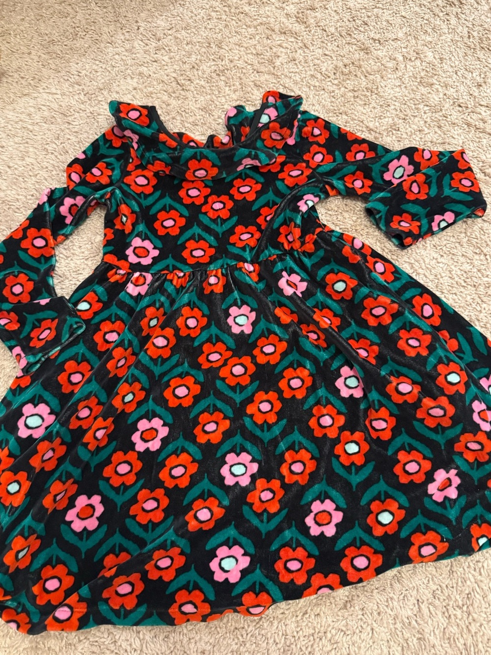 Hanna Andersson Girls Black Floral Velvet Long-Sleeve Dress